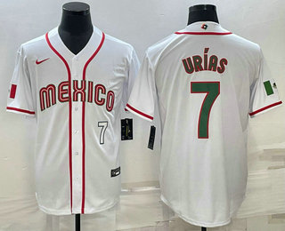 Mens Mexico Baseball #7 Julio Urias Number 2023 White Blue World Baseball Classic Stitched Jersey
